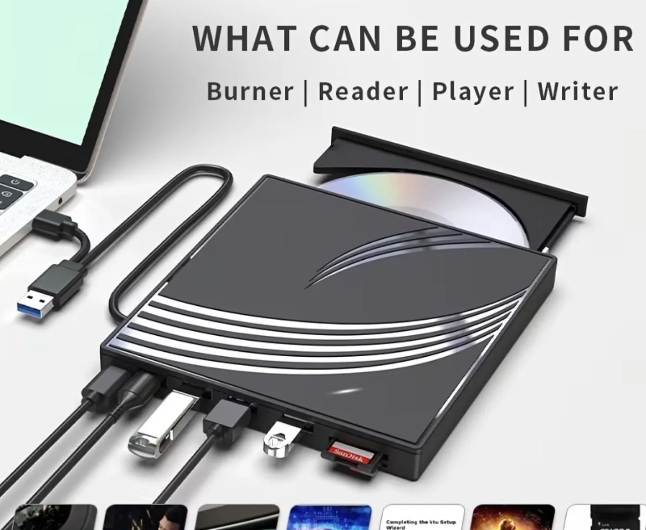 Lecteur optique externe (8-en-1) ultra-fin et portable USB 3.0; graveur de DVD et lecteur HD mobile externe