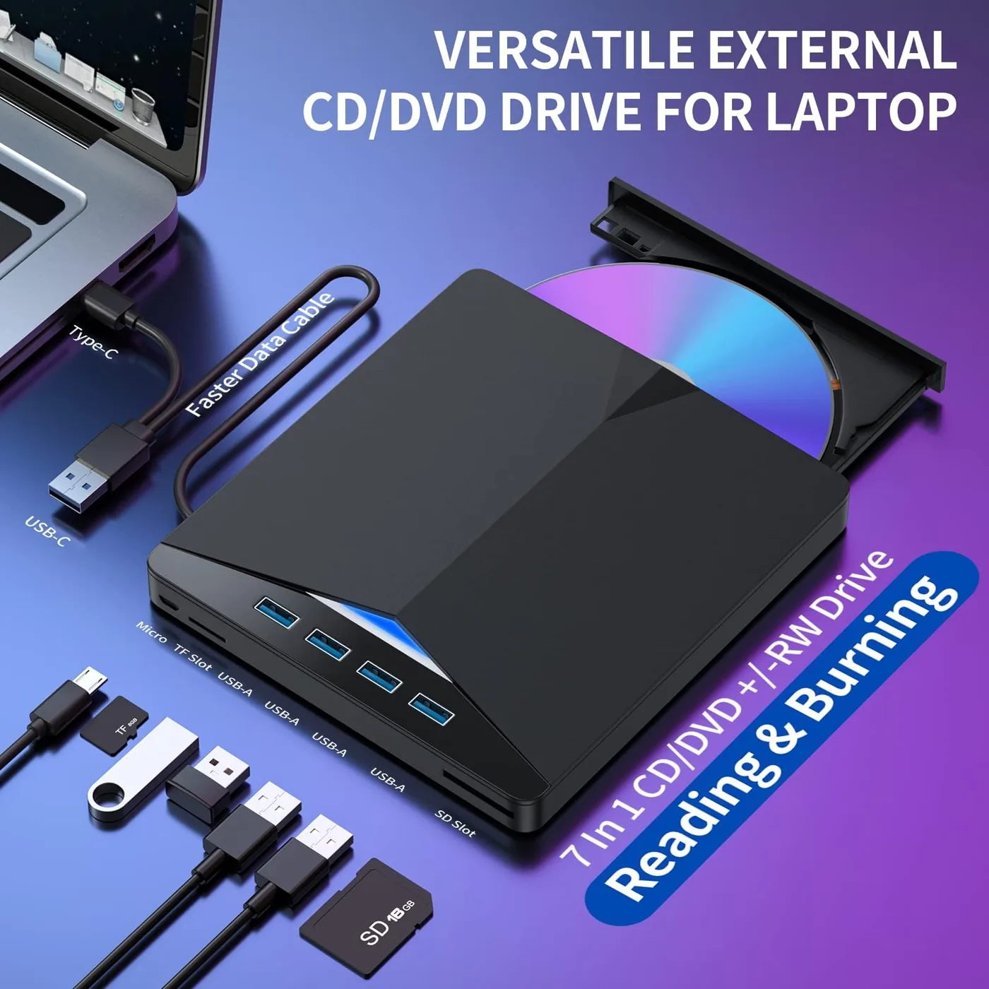 Lecteur CD/DVD externe Azonee pour ordinateur portable, lecteur DVD USB 3.0 7-en-1