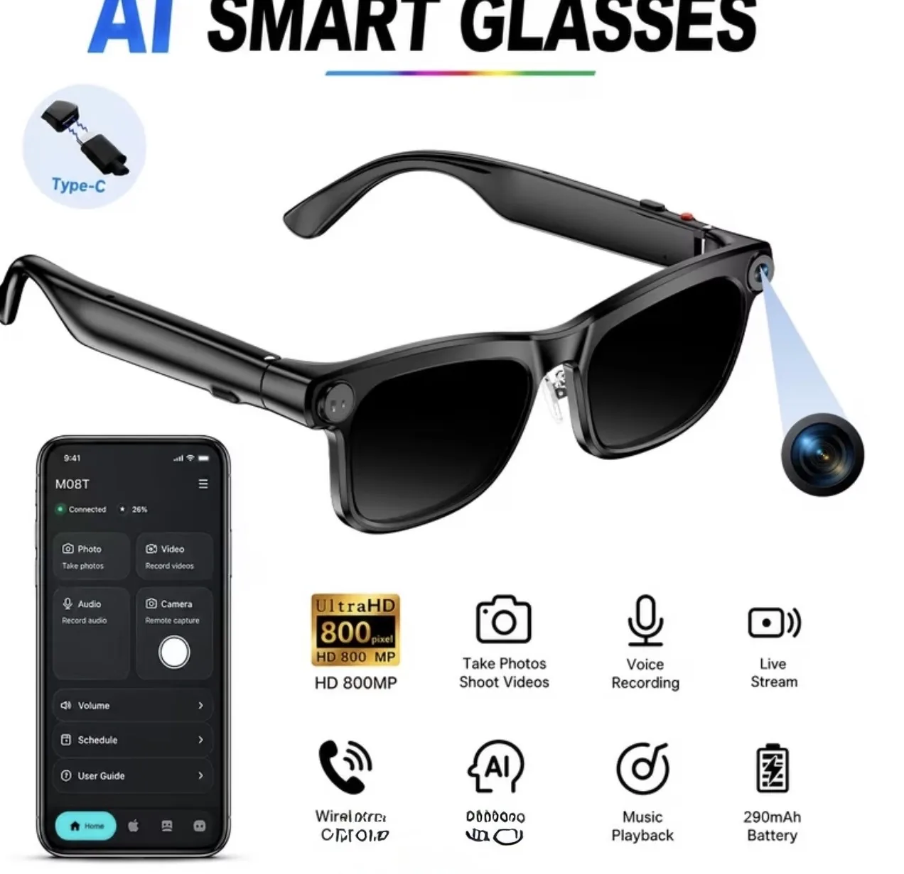 Lunettes intelligentes Al Gamegaga CY05, caméra 800MP, prise de photos et vidéos, diffusion en direct, appels BT, assistant Al, lecteur de musique