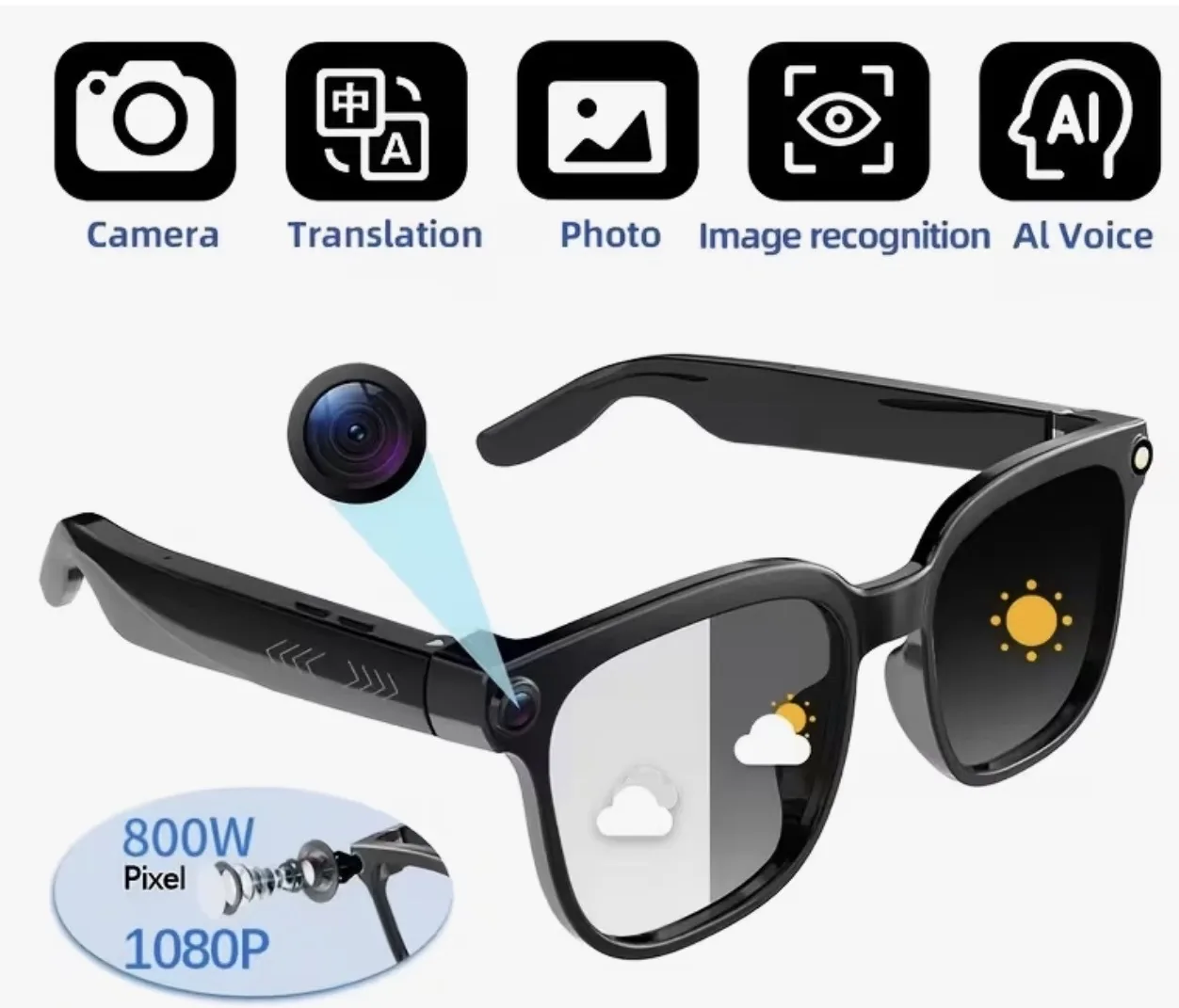 Lunettes intelligentes Al Gamegaga CY05, caméra 800MP, prise de photos et vidéos, diffusion en direct, appels BT, assistant Al, lecteur de musique